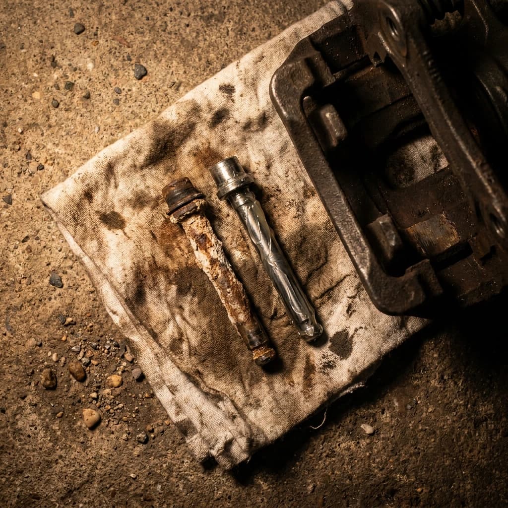 Corroded caliper slide pin next to a clean greased pin on a shop rag