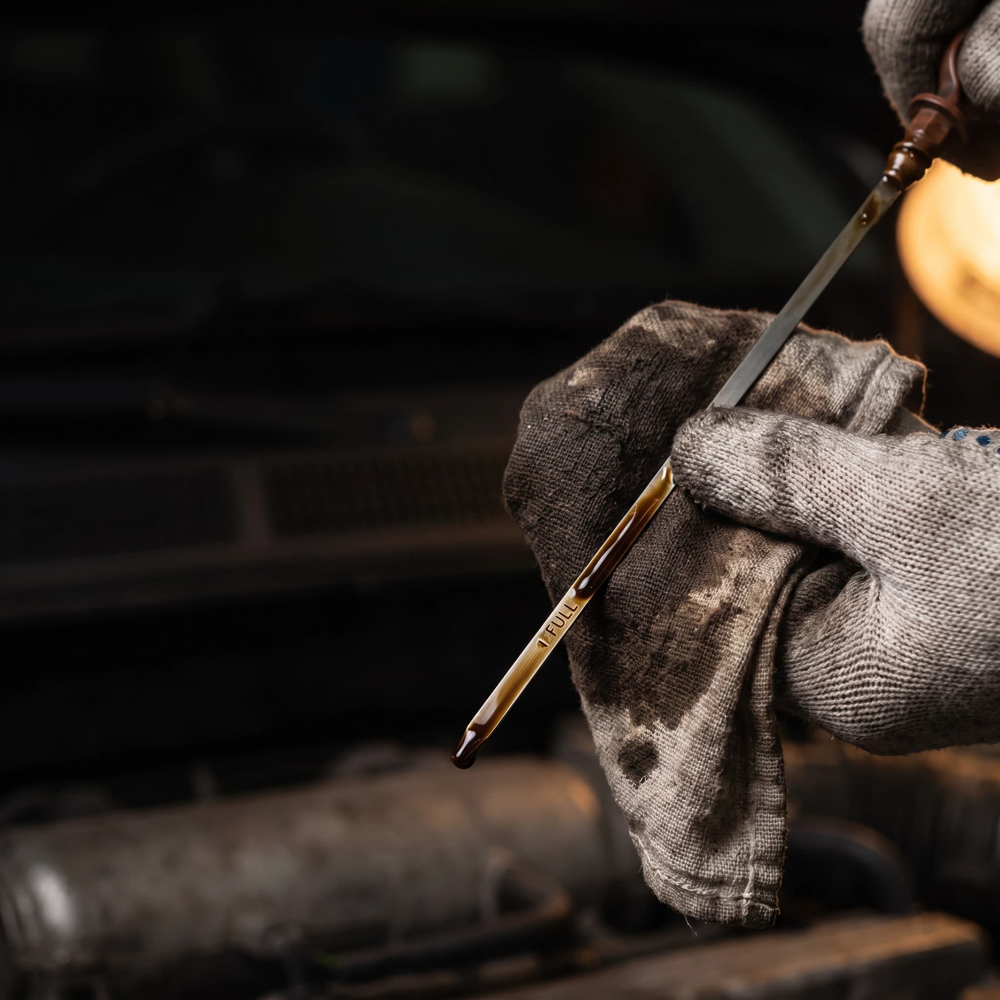 Close-up of an engine dipstick showing used oil on the blade