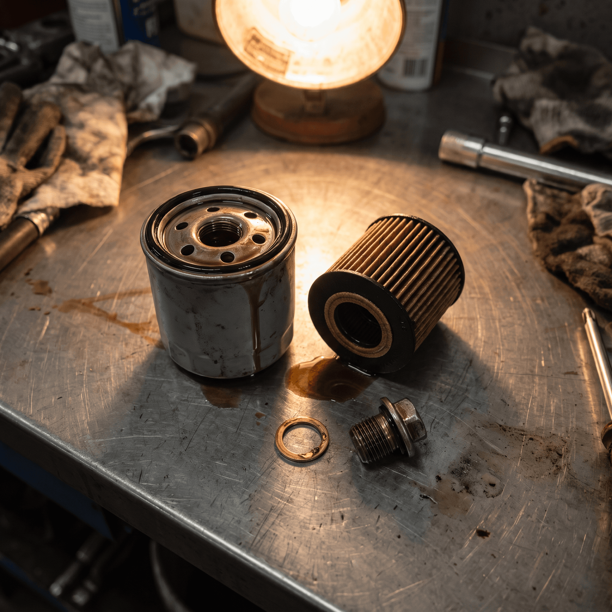 A used spin-on oil filter and a cartridge filter element on a workbench