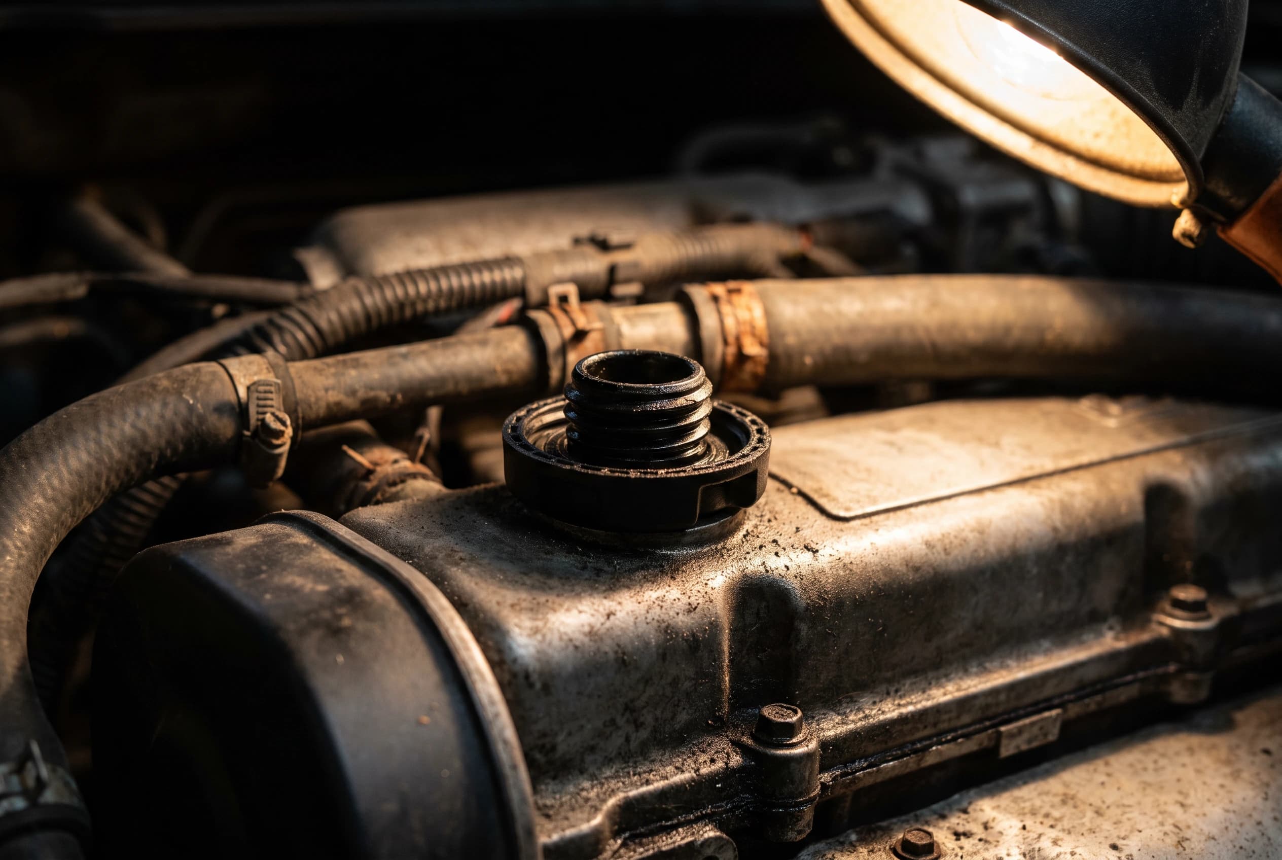 Unscrewed engine oil filler cap resting on a dusty valve cover in a dim engine bay