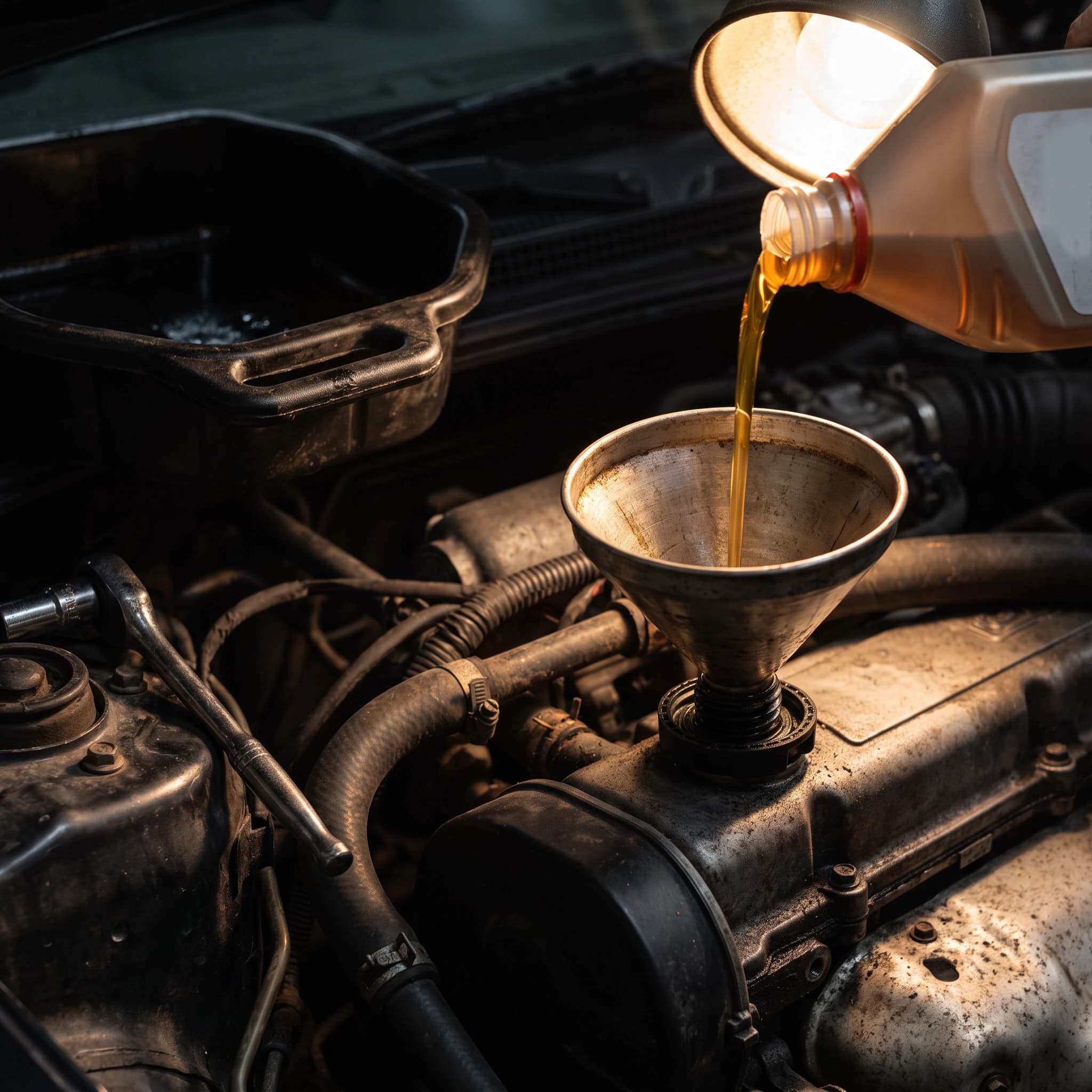 Engine oil being poured through a funnel into an engine's filler neck in a dim service bay