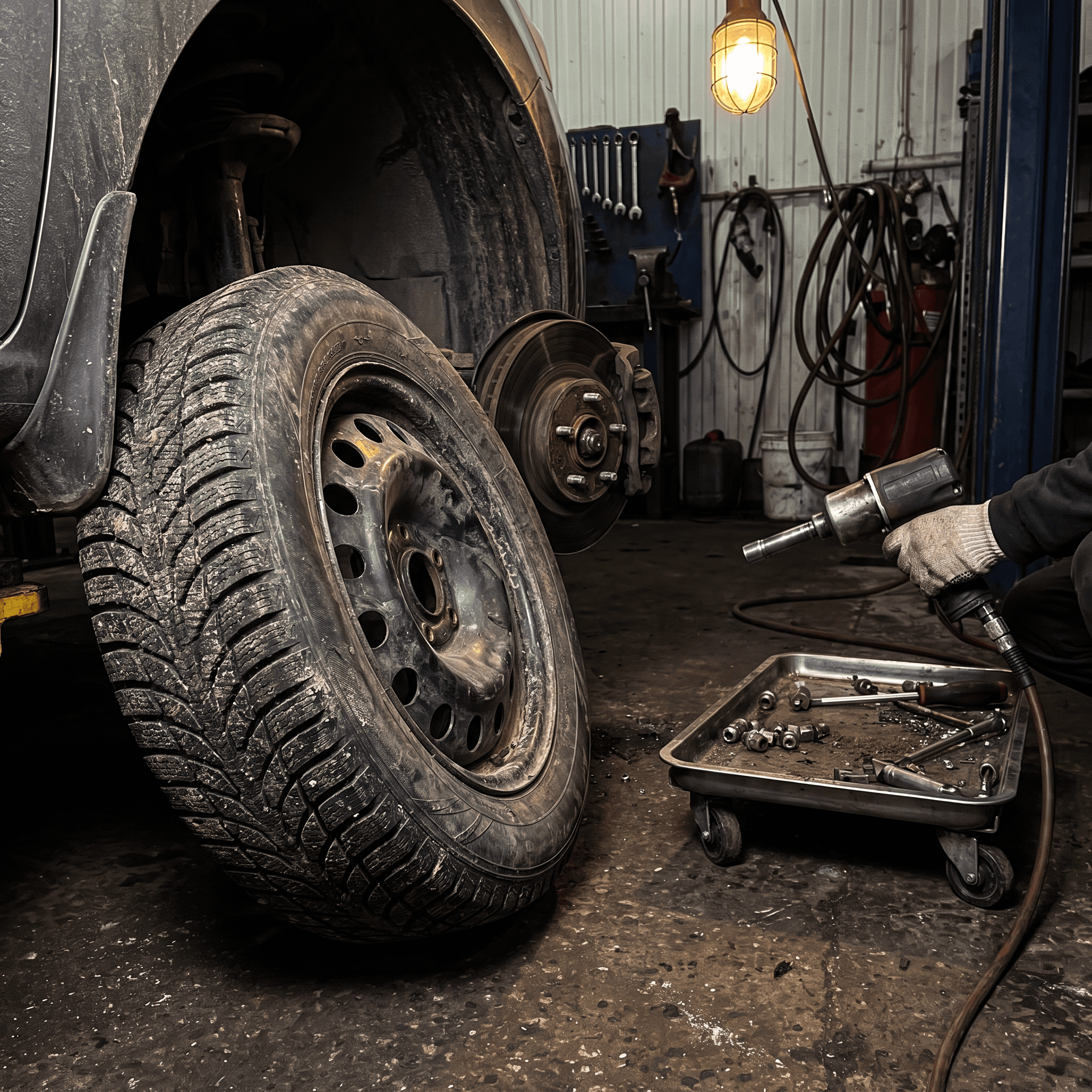 Winter tire leaning against a car on a lift with the brake rotor and caliper exposed during a seasonal changeover