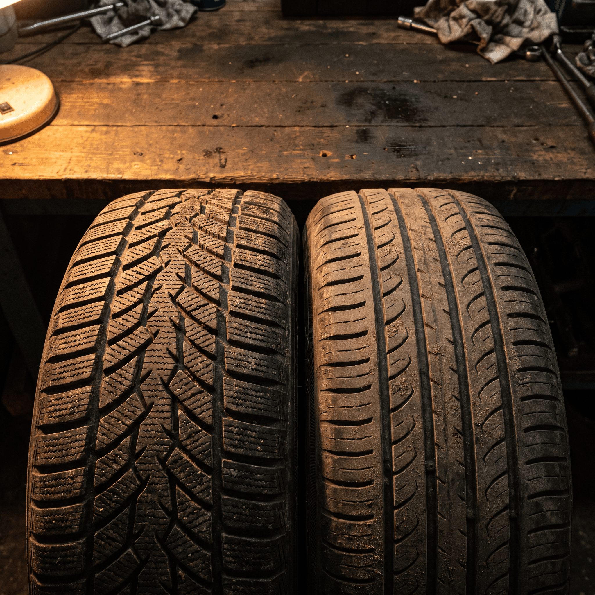 Winter tire tread and all-season tire tread side by side on a workbench